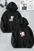 macklin Sevgili Çift Kombin Kedi Mutlu ve Kızgın Baskılı Özel Tasarım Kapüşonlu Sweatshirt 2li Set Takım - 1