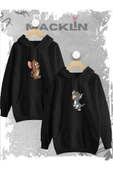 macklin Sevgili Çift Kombini Tom ve Jerry Aşık Baskılı Özel Tasarım Kapüşonlu Sweatshirt 2li Set Takım - 1
