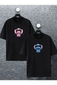 macklin Unisex Kadın Erkek Lilo & Angel Baskılı Sevgili Çift Kombini Tasarım Oversize Tshirt 2'li - 1