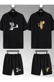 macklin Unisex Kadın Erkek Tom Ve Jerry Rakı Baskılı Sevgili Çift Kombini Tasarım Oversize Tshirt Ve Şort - 1