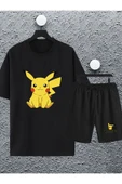 macklin Unisex Kadın Erkek Sevimli Pikachu Baskılı Oversize Tshirt ve Şort Eşofman Takımı - 1