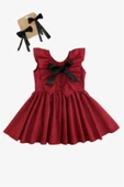 Kız Bebek Bordo Cherry Fiyonklu Fırfırlı Elbise Toka Takım - 3
