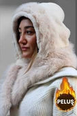 Kadın Suni Kürklü Boyun Bağlamalı Atkılı Peluş Şapka - 1