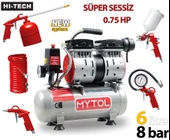 ROWERMAX Mytol 6 Litre 8 Bar Süper Sessiz Yağsız Hava Kompresörü 5 Li Havalı Setli 0.75 Hp Beyaz - 1