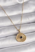 316L Çelik Gold Renk Zincir Siyah Zirkon Taş Madalyon Model Kadın Kolye - TJ-BKO9504 - 1