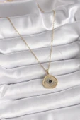 316L Çelik Gold Renk Zincir Siyah Zirkon Taş Madalyon Model Kadın Kolye - TJ-BKO9504 - 2
