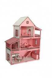 Ahşap Oyun Evi 3 Katlı Pembe Oyun Evi Kız Çocuk Eşyalı Evcilik Oyuncak Çocuk Oyuncak - 1