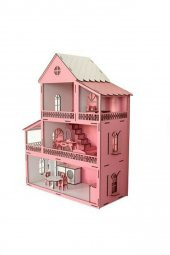 Ahşap Oyun Evi 3 Katlı Pembe Oyun Evi Kız Çocuk Eşyalı Evcilik Oyuncak Çocuk Oyuncak - 2