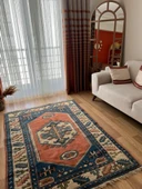 130x180 cm Büyük Boy Doğal Desenli Vintage, El Dokuma Anadolu Yün Halı, Harika Kondisyonlu Mavi Renkli Antik Halı - 7