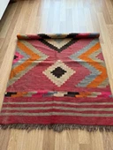 109x145 cm Geometrik Desenli El Dokuma Kilim, Anadolu Yün Kilim, Göz Motifi, Pembe Renk Bohem Stili Kilim - 8