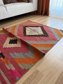 109x145 cm Geometrik Desenli El Dokuma Kilim, Anadolu Yün Kilim, Göz Motifi, Pembe Renk Bohem Stili Kilim - 9