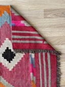 109x145 cm Geometrik Desenli El Dokuma Kilim, Anadolu Yün Kilim, Göz Motifi, Pembe Renk Bohem Stili Kilim - 7