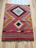 109x145 cm Geometrik Desenli El Dokuma Kilim, Anadolu Yün Kilim, Göz Motifi, Pembe Renk Bohem Stili Kilim - 1