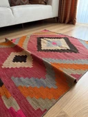 109x145 cm Geometrik Desenli El Dokuma Kilim, Anadolu Yün Kilim, Göz Motifi, Pembe Renk Bohem Stili Kilim - 10
