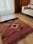 109x145 cm Geometrik Desenli El Dokuma Kilim, Anadolu Yün Kilim, Göz Motifi, Pembe Renk Bohem Stili Kilim - 2