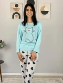 Kadın Kedi Motifli Kalp Desenli Pijama Takımı (Mavi-Beyaz) thumbnail 3