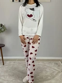 Kadın Kedi Motifli Kalp Desenli Pijama Takımı (Bordo-Beyaz) thumbnail 6