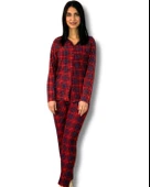 Kadın Ekose Desenli Süet Düğmeli Pijama Takımı (Kırmızı) thumbnail 1