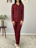 Kadın Ekose Desenli Süet Düğmeli Pijama Takımı (Kırmızı) thumbnail 4