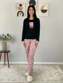 Kadın Love You Baskılı Panda Desenli Pijama Takımı (Pembe-Siyah) thumbnail 2