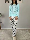 Kadın Kedi Motifli Kalp Desenli Pijama Takımı (Mavi-Beyaz) thumbnail 2
