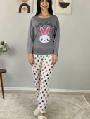 Kadın Love Motifli Kalp Desenli Pijama Takımı (Bej-Beyaz) thumbnail 3