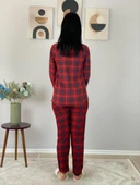 Kadın Ekose Desenli Süet Düğmeli Pijama Takımı (Kırmızı) thumbnail 6