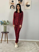 Kadın Ekose Desenli Süet Düğmeli Pijama Takımı (Kırmızı) thumbnail 2
