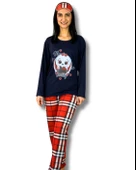 Kadın Ekose Desenli Uyku Bantlı Pijama Takımı (Lacivert-Kırmızı) - 1