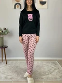 Kadın Love You Baskılı Panda Desenli Pijama Takımı (Pembe-Siyah) thumbnail 4