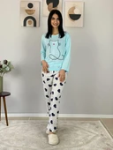 Kadın Kedi Motifli Kalp Desenli Pijama Takımı (Mavi-Beyaz) thumbnail 5
