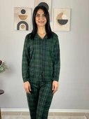 Kadın Ekose Desenli Süet Düğmeli Pijama Takımı (Yeşil) - 2