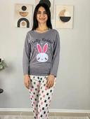 Kadın Love Motifli Kalp Desenli Pijama Takımı (Bej-Beyaz) thumbnail 5