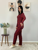 Kadın Ekose Desenli Süet Düğmeli Pijama Takımı (Kırmızı) thumbnail 3