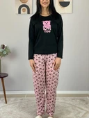 Kadın Love You Baskılı Panda Desenli Pijama Takımı (Pembe-Siyah) thumbnail 3