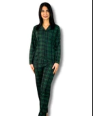 Kadın Ekose Desenli Süet Düğmeli Pijama Takımı (Yeşil) - 1