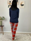 Kadın Ekose Desenli Uyku Bantlı Pijama Takımı (Lacivert-Kırmızı) - 6
