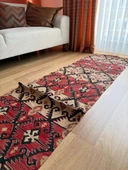 65x295 cm El Dokuma Türk Yolluk, Koç Boynuzlu ve Akrep Motifleri, Mükemmel Kondisyon, Benzersiz Bohem Ev Dekoru - 1