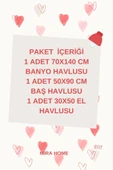 3 Parça Kalp Nakışlı Banyo Havlusu Takımı %100 Pamuklu Lovely Set - 9