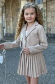 Kız Çocuk Güpür Ve İnci Şerit Detaylı Ceket Asimetrik Kesim Piliseli Bej Etekli Takım thumbnail 4