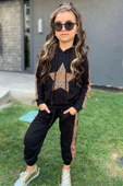 Kız Çocuk Önü Yıldız ve Leopar Desenli Sweatshirt Siyah Eşofman Takım - 4