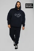 Erkek El Yazılı Brooklyn Baskılı Büyük Beden İnce Kapşonlu Swatshırt SPR25BSW58 thumbnail 4