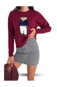 EYSHAN Teddy Bear Ayıcık Desenli Standart Beden Triko Bordo Kadın Kazak - 3