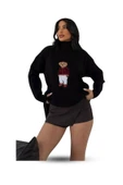 EYSHAN Ayıcıklı Kazak - Balıkçı Yaka Teddy Bear Aplikli Oversize Kadın Triko Kazak Siyah - 1