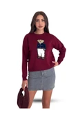 EYSHAN Teddy Bear Ayıcık Desenli Standart Beden Triko Bordo Kadın Kazak - 1