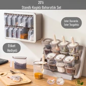 Porsima 1116-1167 Kendinden Yapışkanlı Tezgah Üstü Standlı Döner Kapaklı ve Cappuccino Beyaz Random Baharatlık Seti - 1