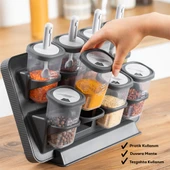 Porsima 8li-6lı Etiketli Kendinden Yapışkanlı Tezgah Üstü Kaşıklı Standlı Döner Kapaklı Baharatlık Seti thumbnail 4