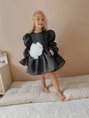 Rose Siyah Şifon Kız Çocuk Parti Elbisesi - 1