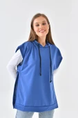 İndigo Mavi Süveter Sweat Sweatshirt Düğmeli Kapüşonlu - 7