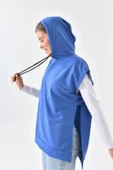 İndigo Mavi Süveter Sweat Sweatshirt Düğmeli Kapüşonlu - 1